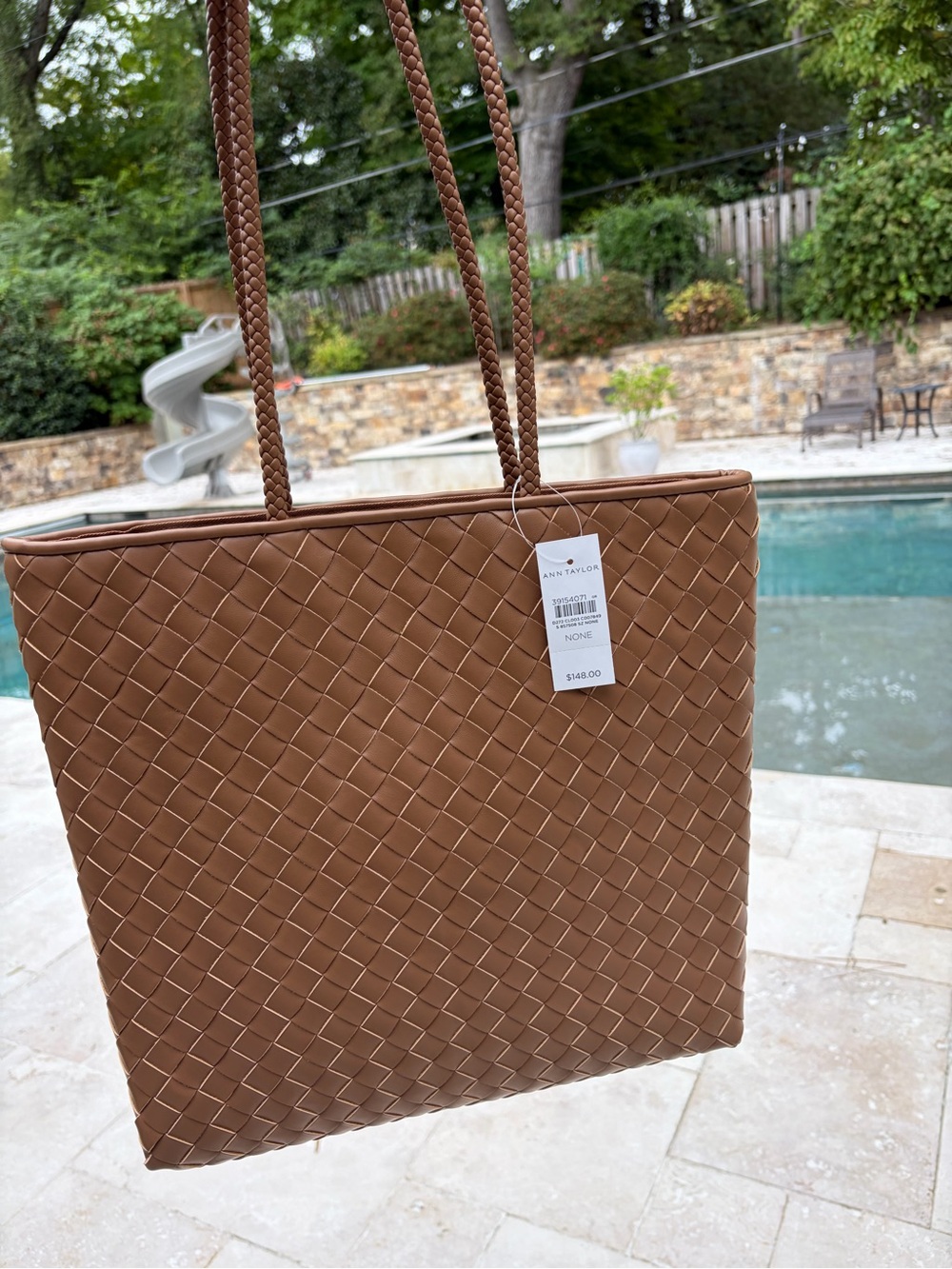 NWT ANN TAYLOR Weekend Woven Tote Autumn Ochre Brown $148 Faux Leather NEW